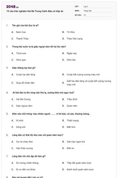 15 câu trắc nghiệm Hai Bà Trưng Cánh diều có đáp án