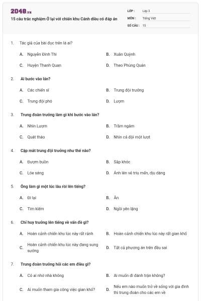 15 câu trắc nghiệm Ở lại với chiến khu Cánh diều có đáp án