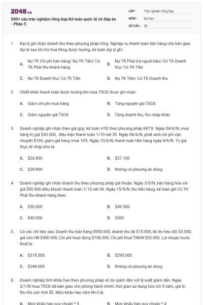500+ câu trắc nghiệm tổng hợp Kế toán quốc tế có đáp án - Phần 5