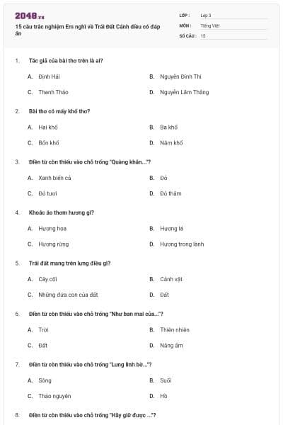 15 câu trắc nghiệm Em nghĩ về Trái Đất Cánh diều có đáp án