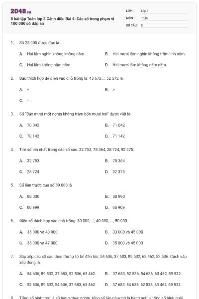 8 bài tập Toán lớp 3 Cánh diều Bài 4: Các số trong phạm vi 100 000 có đáp án