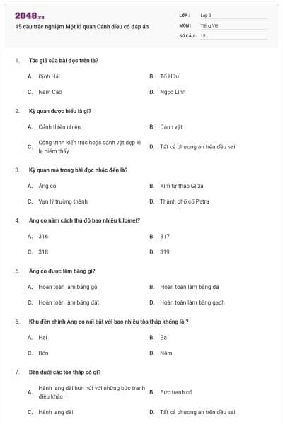 15 câu trắc nghiệm Một kì quan Cánh diều có đáp án