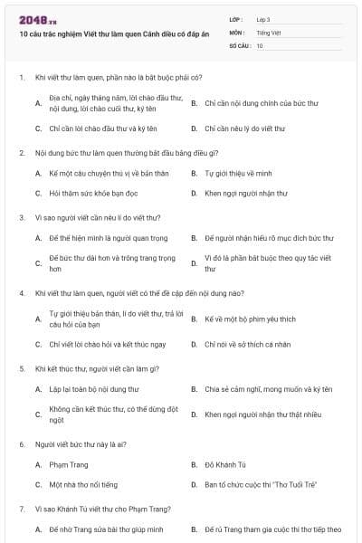 10 câu trắc nghiệm Viết thư làm quen Cánh diều có đáp án