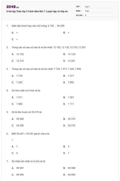 8 bài tập Toán lớp 3 Cánh diều Bài 7: Luyện tập có đáp án