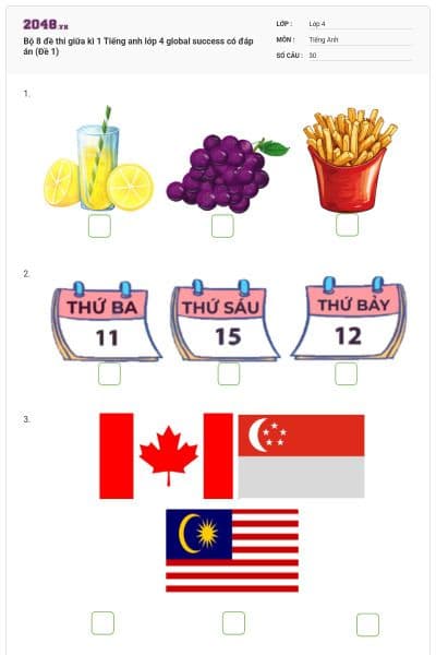 Bộ 8 đề thi giữa kì 1 Tiếng anh lớp 4 global success có đáp án (Đề 1)