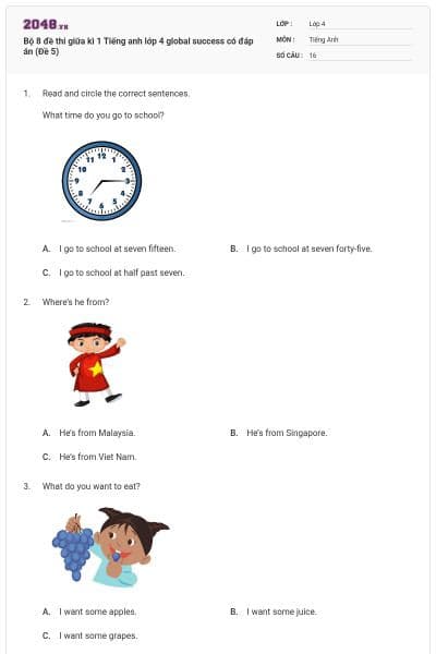Bộ 8 đề thi giữa kì 1 Tiếng anh lớp 4 global success có đáp án (Đề 5)