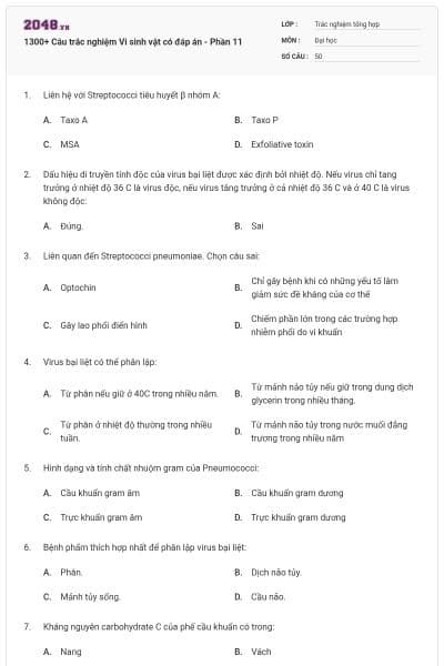 1300+ Câu trắc nghiệm Vi sinh vật có đáp án - Phần 11