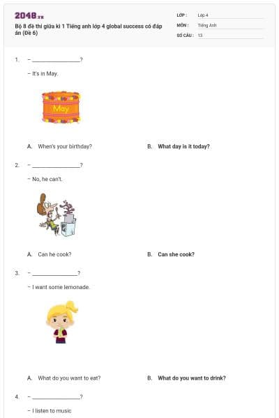 Bộ 8 đề thi giữa kì 1 Tiếng anh lớp 4 global success có đáp án (Đề 6)