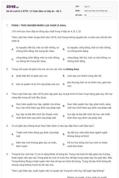 Đề thi cuối kì 2 KTPL 12 Cánh diều có đáp án - Đề 3