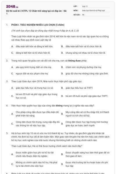 Đề thi cuối kì 2 KTPL 12 Chân trời sáng tạo có đáp án - Đề 1