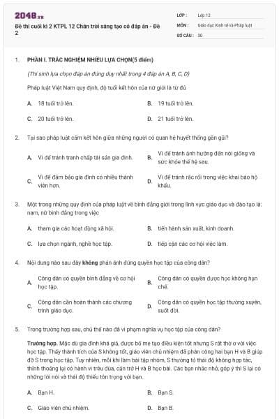 Đề thi cuối kì 2 KTPL 12 Chân trời sáng tạo có đáp án - Đề 2