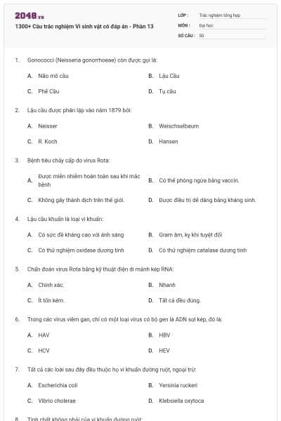 1300+ Câu trắc nghiệm Vi sinh vật có đáp án - Phần 13