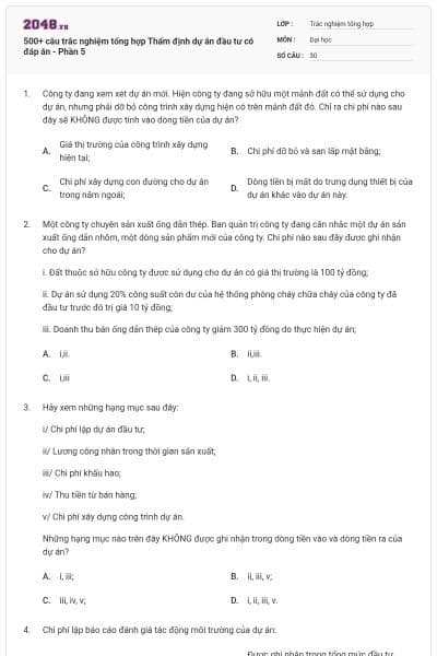 500+ câu trắc nghiệm tổng hợp Thẩm định dự án đầu tư có đáp án - Phần 5