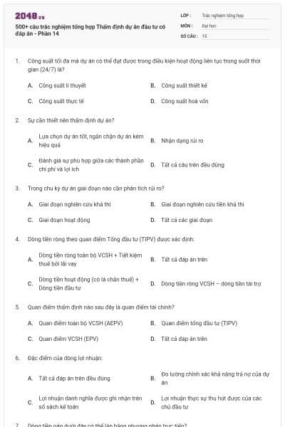 500+ câu trắc nghiệm tổng hợp Thẩm định dự án đầu tư có đáp án - Phần 14
