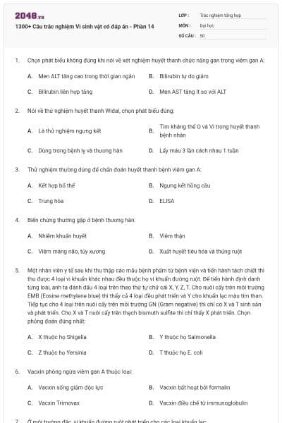 1300+ Câu trắc nghiệm Vi sinh vật có đáp án - Phần 14