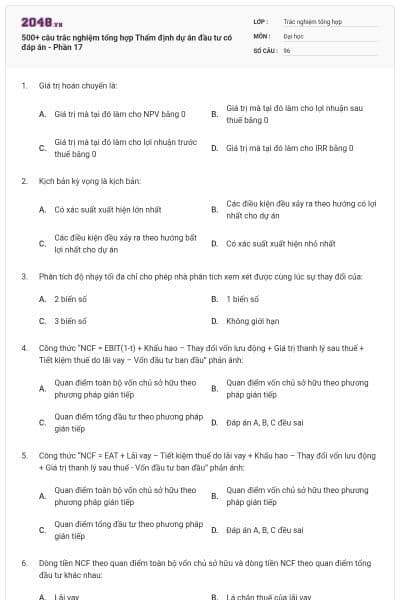 500+ câu trắc nghiệm tổng hợp Thẩm định dự án đầu tư có đáp án - Phần 17