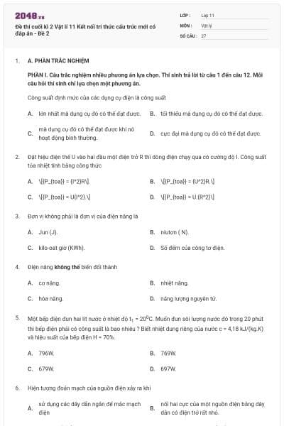 Đề thi cuối kì 2 Vật lí 11 Kết nối tri thức cấu trúc mới có đáp án - Đề 2