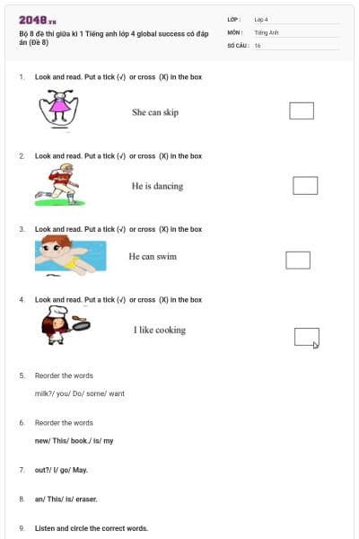Bộ 8 đề thi giữa kì 1 Tiếng anh lớp 4 global success có đáp án (Đề 8)