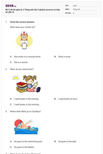 Bộ 5 đề thi giữa kì 2 Tiếng anh lớp 4 global success có đáp án (Đề 3)
