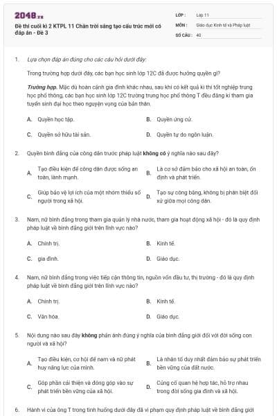 Đề thi cuối kì 2 KTPL 11 Chân trời sáng tạo cấu trúc mới có đáp án - Đề 3