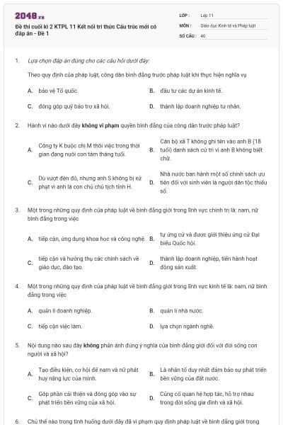 Đề thi cuối kì 2 KTPL 11 Kết nối tri thức Cấu trúc mới có đáp án - Đề 1