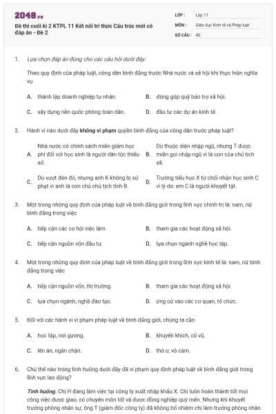 Đề thi cuối kì 2 KTPL 11 Kết nối tri thức Cấu trúc mới có đáp án - Đề 2