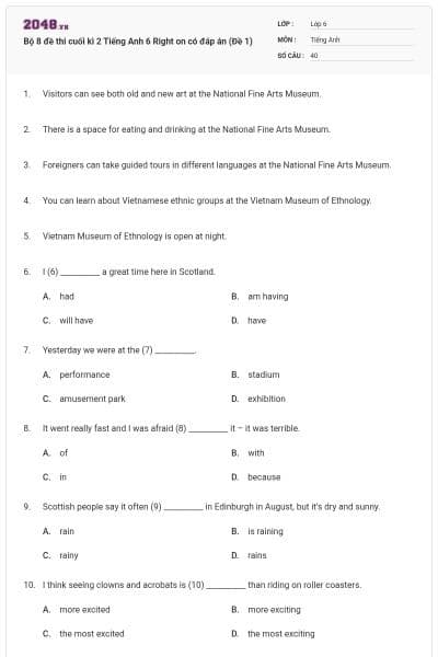 Bộ 8 đề thi cuối kì 2 Tiếng Anh 6 Right on có đáp án (Đề 1)