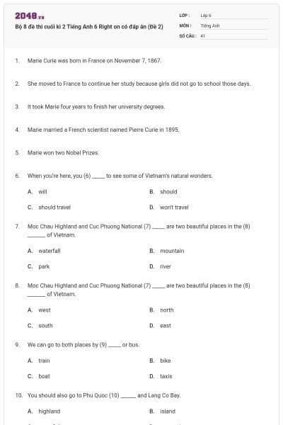 Bộ 8 đề thi cuối kì 2 Tiếng Anh 6 Right on có đáp án (Đề 2)