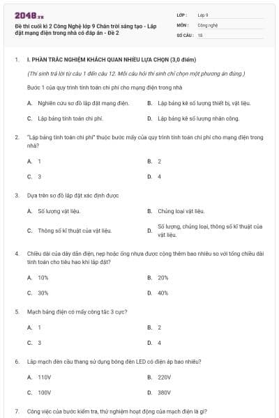 Đề thi cuối kì 2 Công Nghệ lớp 9 Chân trời sáng tạo - Lắp đặt mạng điện trong nhà có đáp án - Đề 2