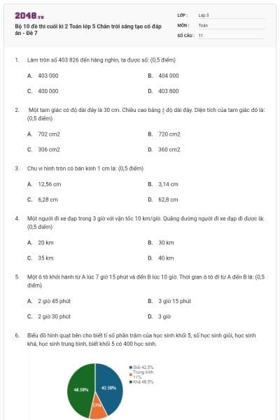 Bộ 10 đề thi cuối kì 2 Toán lớp 5 Chân trời sáng tạo có đáp án - Đề 7