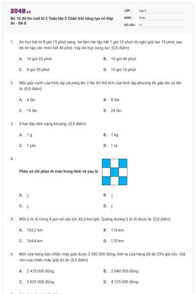 Bộ 10 đề thi cuối kì 2 Toán lớp 5 Chân trời sáng tạo có đáp án - Đề 8