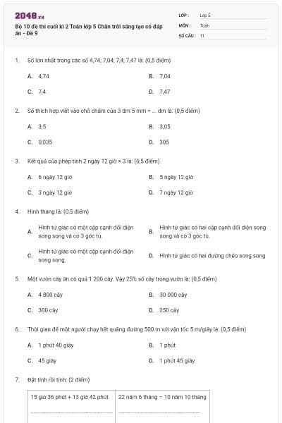 Bộ 10 đề thi cuối kì 2 Toán lớp 5 Chân trời sáng tạo có đáp án - Đề 9
