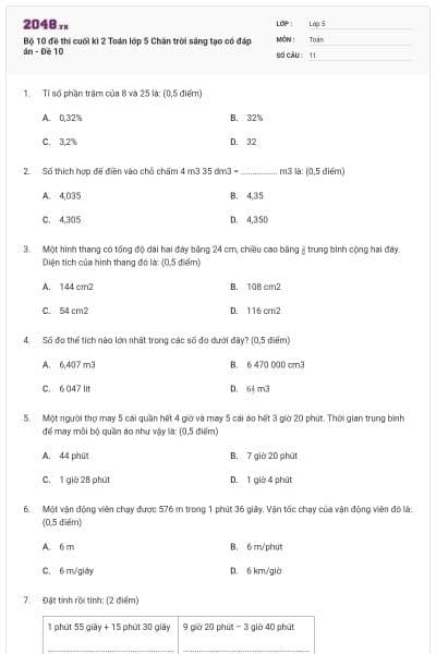 Bộ 10 đề thi cuối kì 2 Toán lớp 5 Chân trời sáng tạo có đáp án - Đề 10