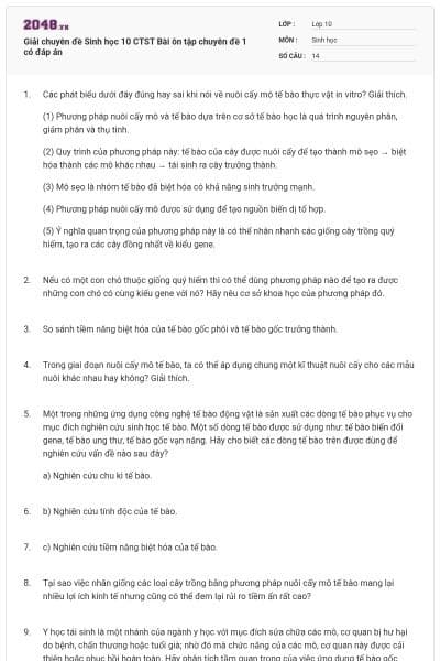Giải chuyên đề Sinh học 10 CTST Bài ôn tập chuyên đề 1 có đáp án