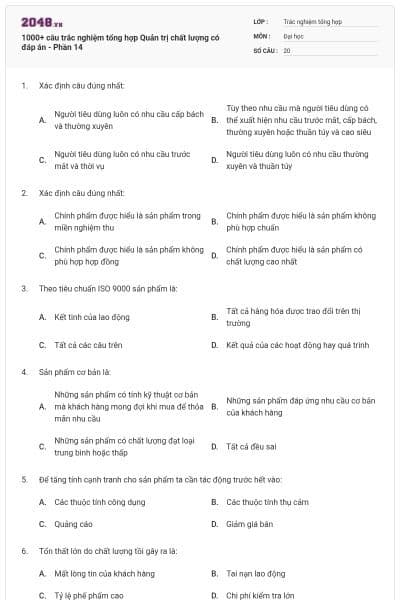 1000+ câu trắc nghiệm tổng hợp Quản trị chất lượng có đáp án - Phần 14