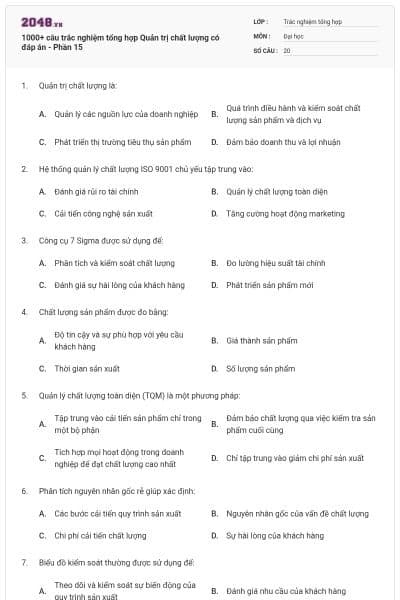 1000+ câu trắc nghiệm tổng hợp Quản trị chất lượng có đáp án - Phần 15