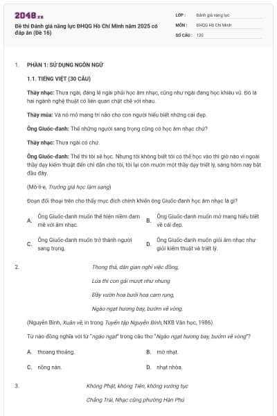 Đề thi Đánh giá năng lực ĐHQG Hồ Chí Minh năm 2025 có đáp án (Đề 16)