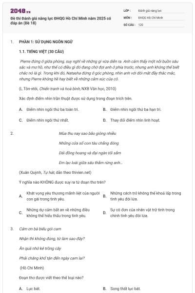 Đề thi Đánh giá năng lực ĐHQG Hồ Chí Minh năm 2025 có đáp án (Đề 18)