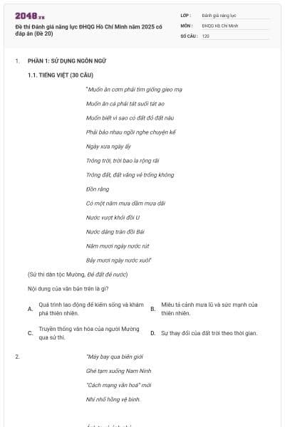 Đề thi Đánh giá năng lực ĐHQG Hồ Chí Minh năm 2025 có đáp án (Đề 20)
