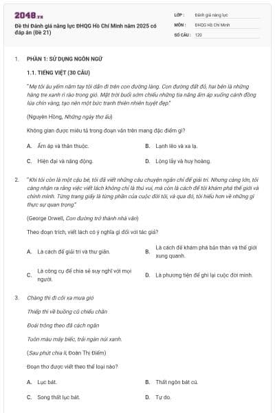 Đề thi Đánh giá năng lực ĐHQG Hồ Chí Minh năm 2025 có đáp án (Đề 21)