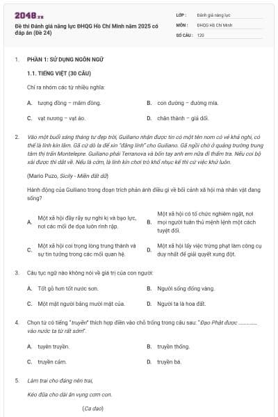 Đề thi Đánh giá năng lực ĐHQG Hồ Chí Minh năm 2025 có đáp án (Đề 24)
