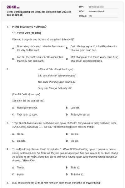 Đề thi Đánh giá năng lực ĐHQG Hồ Chí Minh năm 2025 có đáp án (Đề 25)