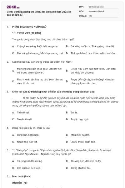 Đề thi Đánh giá năng lực ĐHQG Hồ Chí Minh năm 2025 có đáp án (Đề 27)