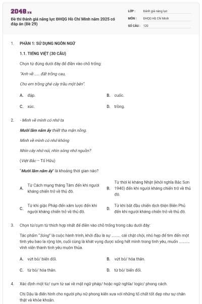 Đề thi Đánh giá năng lực ĐHQG Hồ Chí Minh năm 2025 có đáp án (Đề 29)