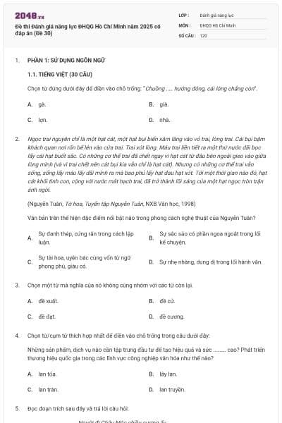 Đề thi Đánh giá năng lực ĐHQG Hồ Chí Minh năm 2025 có đáp án (Đề 30)