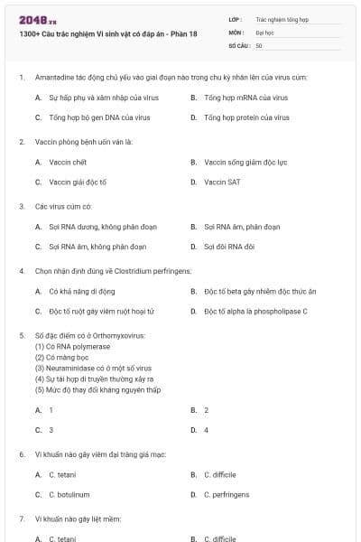 1300+ Câu trắc nghiệm Vi sinh vật có đáp án - Phần 18