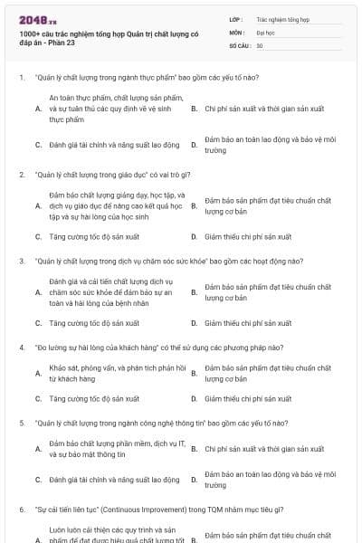 1000+ câu trắc nghiệm tổng hợp Quản trị chất lượng có đáp án - Phần 23