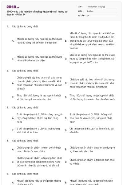 1000+ câu trắc nghiệm tổng hợp Quản trị chất lượng có đáp án - Phần 24