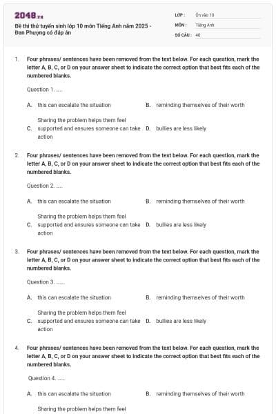 Đề thi thử tuyển sinh lớp 10 môn Tiếng Anh năm 2025 - Đan Phượng có đáp án