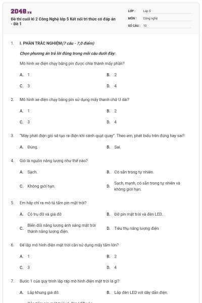 Đề thi cuối kì 2 Công Nghệ lớp 5 Kết nối tri thức có đáp án - Đề 1